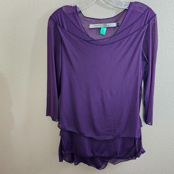 CYNTHIA ASHBY Purple Nylon Sheer 3/4 Sleeve Layered Top~Size S - Picture 8 of 11